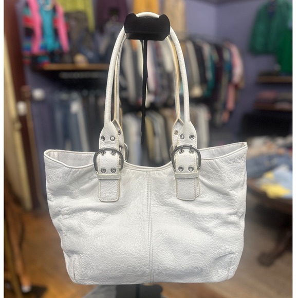 Tignanello White Pebbled Leather Tote Silver Buckles Shoulder Bag